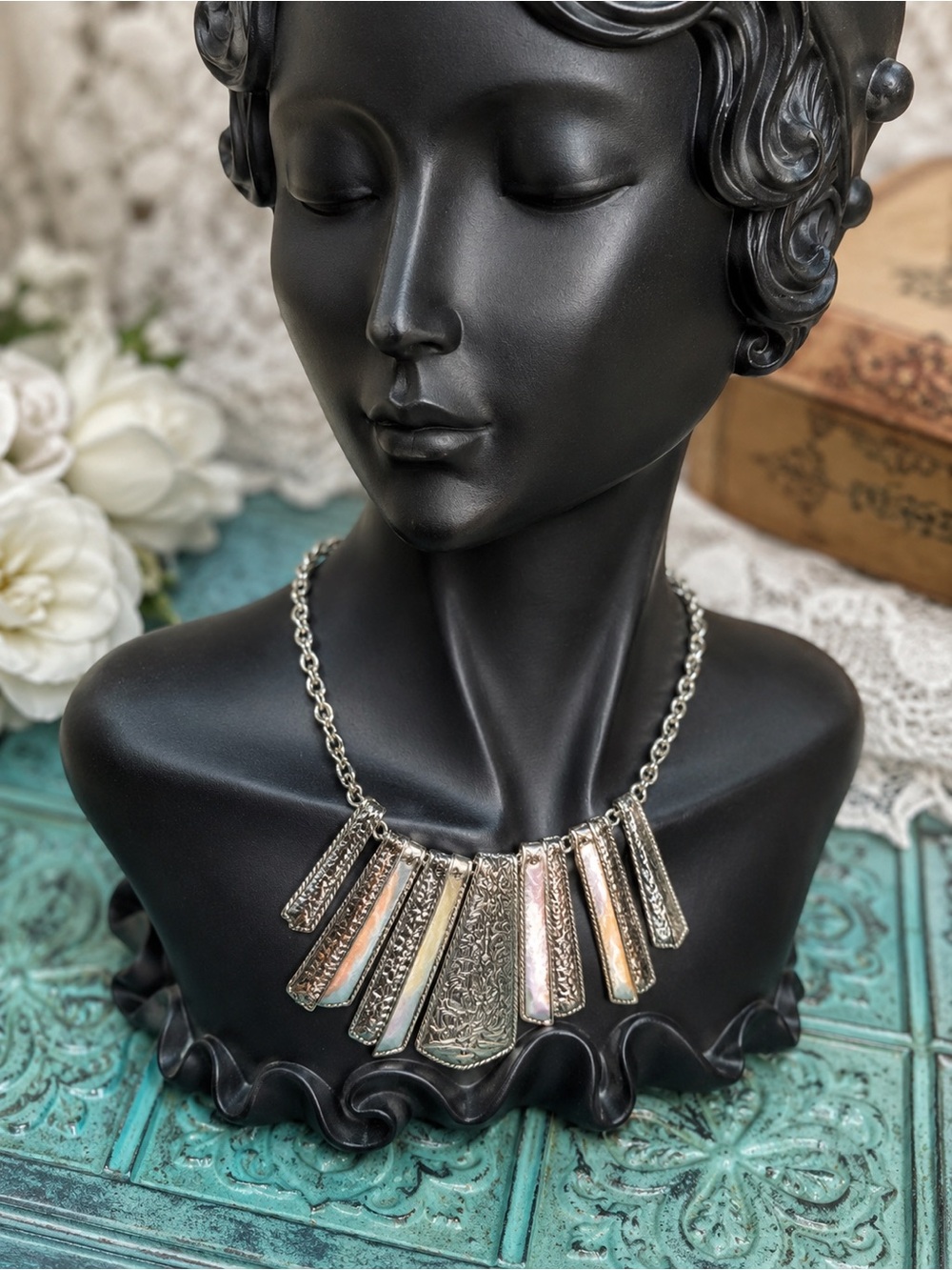 Scroll by Dillard’s Silver Tone Statement Bib Necklace, Boho Ornate Panel Neckla